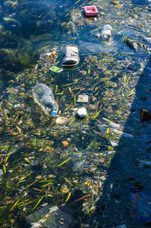 Plastic rubbish and a shoe float in the Mediterranean sea.のeditorial素材