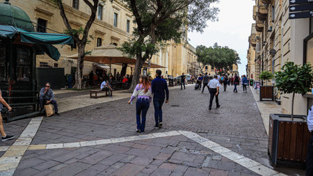 St John Street (Triq San Gwann), Valletta. Kiosk, cafes and St John's Co- Cathedral.のeditorial素材