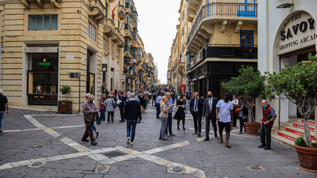 Republic Street, Valletta. This historic city built by the Knights of St John, abounds with people.のeditorial素材