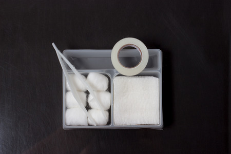 set of dressing, simple plastic set on grey backgroundの写真素材