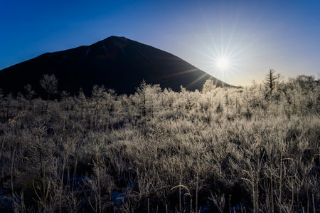 Hoarfrost Senjogahara and Mt. Nantai in januaryの写真素材