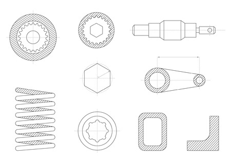 drawings of mechanical parts, gears and mechanismsのイラスト素材