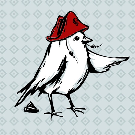Small sparrow in a piracy hat with a small piece of shit against a patternのイラスト素材