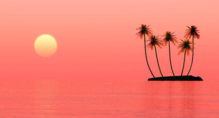 Palms island at sunset sea の写真素材