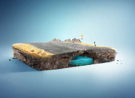 Travel and vacation background. 3d illustration with cut of the ground and the desert road. Baby road isolated on white.の写真素材