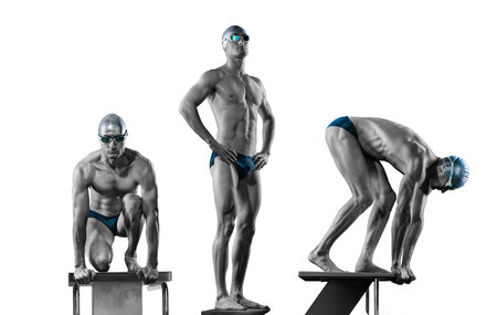 3D render of a male swimmer isolated on a white backgroundの写真素材
