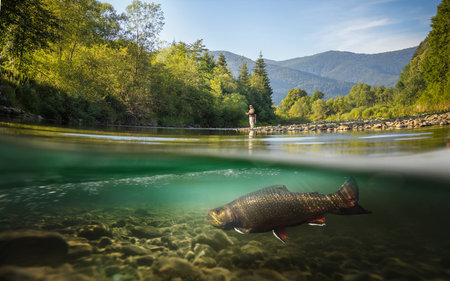 Fisherman caught a big salmon in the river in the mountainsの写真素材