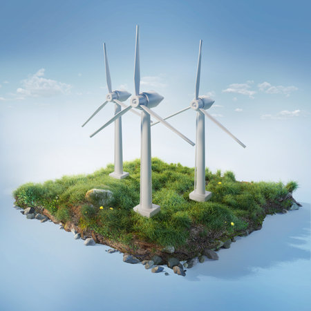 Wind turbines on the island in the blue sky. 3d renderの写真素材