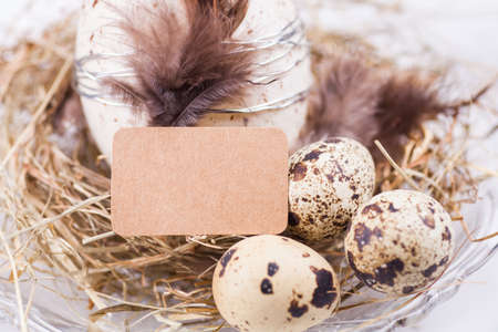 easter decoration with quail eggs and card for copy space