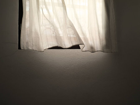 white curtain and window with the wind blowing gently