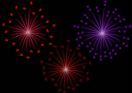Fireworks set to glow with hearts and stars on a black backgroundのイラスト素材