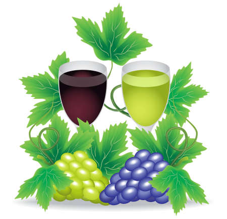 glasses of red and white wine grapes on a background of green and red grapesのイラスト素材