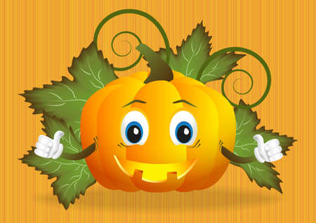 funny cartoon pumpkin with leaves on a striped orange backgroundのイラスト素材