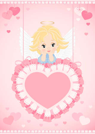 greeting card with an angel on the pink heartのイラスト素材