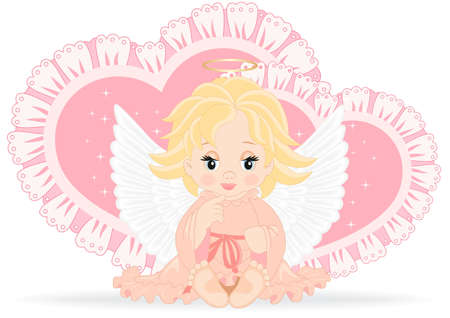 angel sitting in front of pink hearts isolated on white backgroundのイラスト素材