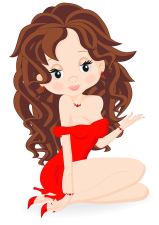 sexy brunette girl in red dress sitting on his lapのイラスト素材