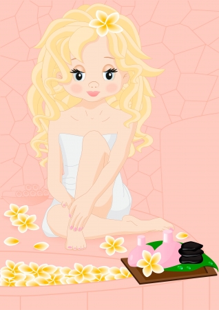 blonde girl in the spa sitting on his lapのイラスト素材