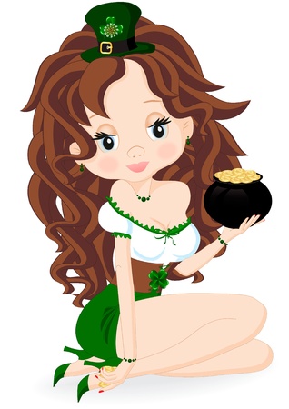 Girl with a pot of gold coinsのイラスト素材