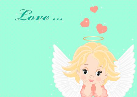 greeting card with angel and heart on a green backgroundのイラスト素材