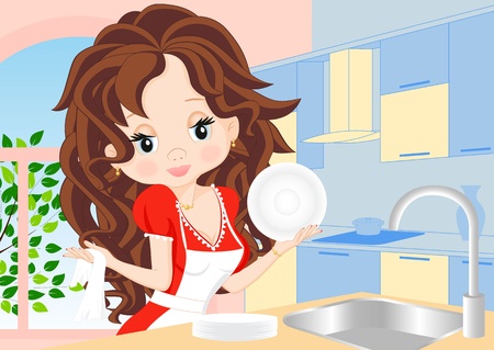 woman in a red dress in the kitchen wipes the dishesのイラスト素材