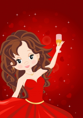 girl in a red dress with a glass of champagneのイラスト素材