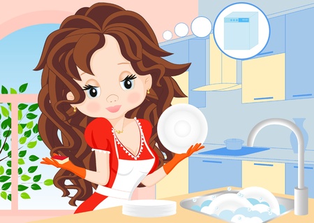 woman in a red dress in the kitchen washes dishes and dreamsのイラスト素材