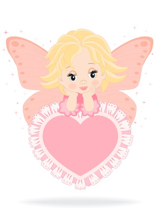 magical fairy sitting on a pink heart isolated on white backgroundのイラスト素材