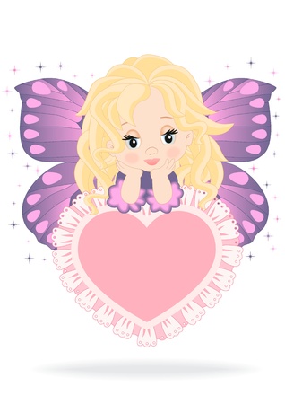magical fairy sitting on a pink heart isolated on white backgroundのイラスト素材
