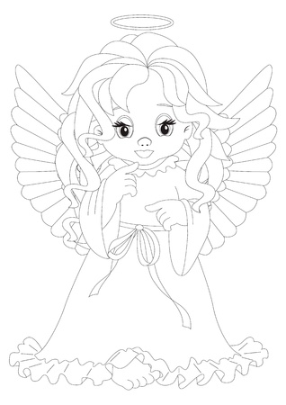 Coloring page angel sitting in front of pink hearts isolated on white backgroundのイラスト素材