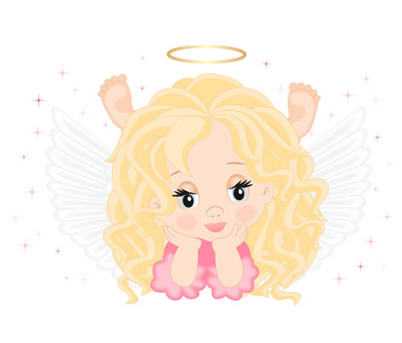 little angel in pink dress isolated on white backgroundのイラスト素材