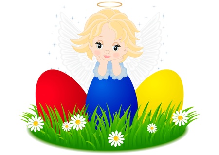 little angel and painted eggs on green grassのイラスト素材