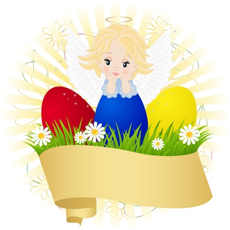 little angel and painted eggs on green grassのイラスト素材