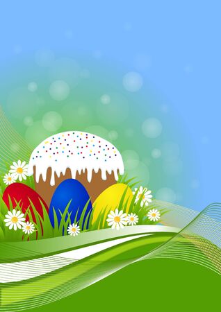 greeting card for Easter with Easter cake and painted eggs on green grassのイラスト素材