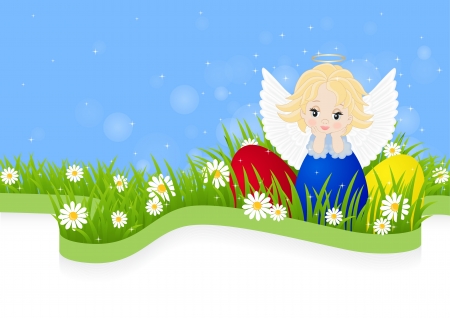 greeting card for Easter with little angel and painted eggsのイラスト素材