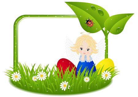 greeting card for Easter with little angel and painted eggsのイラスト素材