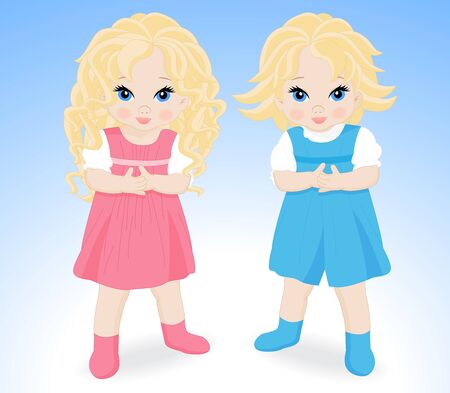little children boy and girl isolated on blue backgroundのイラスト素材