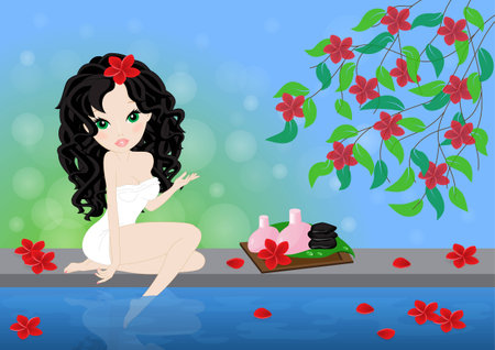 brunette girl in the spa sitting on his lapのイラスト素材