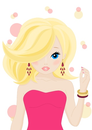 portrait of blonde girl in a pink dress isolated on white backgroundのイラスト素材