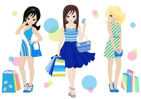 three fashion shopping girls with shopping bagsのイラスト素材