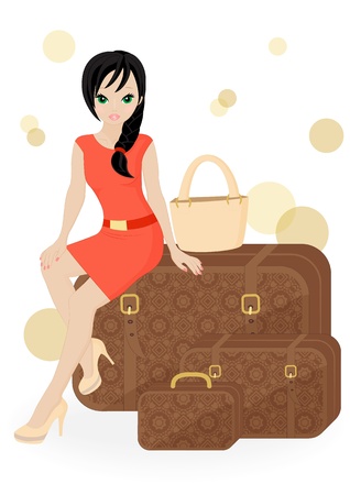 girl traveler sitting on a suitcase isolated on white backgroundのイラスト素材