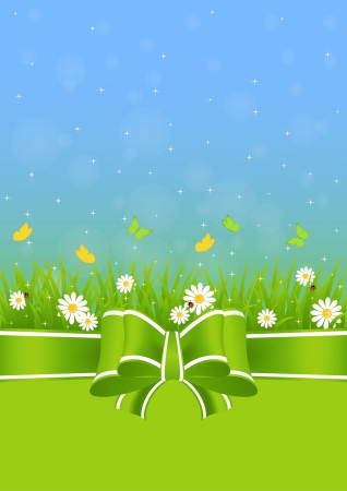 spring background with green grass, butterflies and ladybugsのイラスト素材