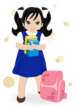 schoolgirl in blue dress with books and school bagsのイラスト素材