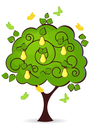 pear tree with yellow ripe fruit butterflies fly aroundのイラスト素材