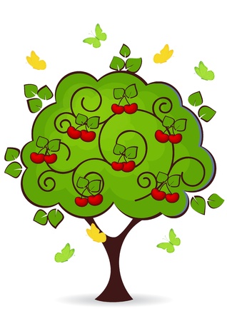 cherry tree with red ripe fruits butterflies fly aroundのイラスト素材