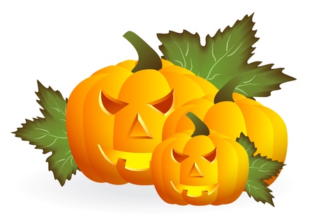 Three orange pumpkins with leaves isolated on white backgroundのイラスト素材