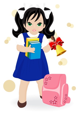 schoolgirl in blue dress with books and school bagsのイラスト素材