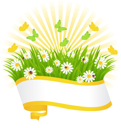 spring background with green grass, butterflies and ladybugsのイラスト素材