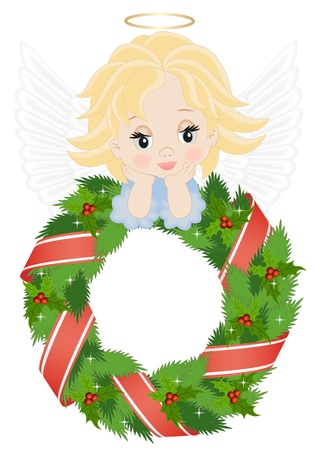 angel on the Christmas wreath isolated on a white backgroundのイラスト素材