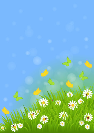 spring background with green grass, butterflies and ladybugsのイラスト素材