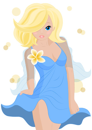 beautiful girl in a blue dress with a flower isolated on white backgroundのイラスト素材